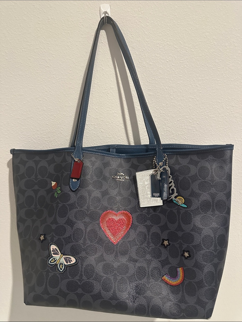 Coach Navy Signature Tote with Colorful Embroidered Patches